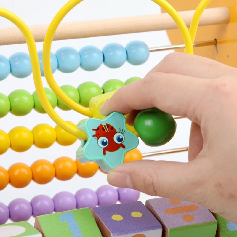 Brinquedo Educativo Multifuncional de Madeira 3 em 1 | Abaco Labirinto Amarado e Cubo Giratório